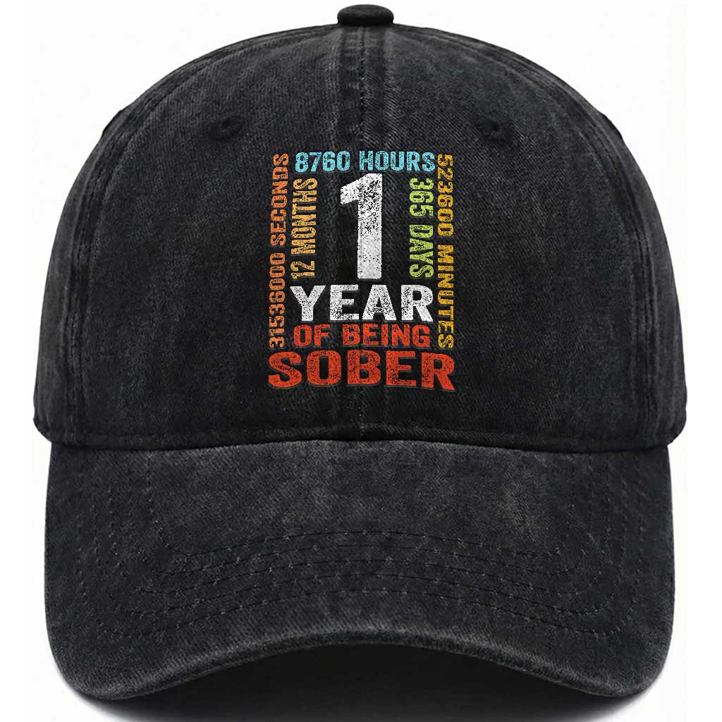 1 Year Of Being Sober Washed Cotton Baseball Cap 1 Year Sobriety Anniversary Addiction Recovery TS11 Print Your Wear