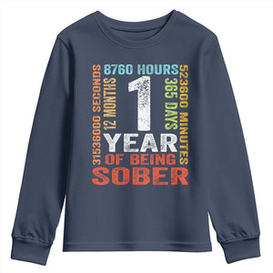 1 Year Of Being Sober Youth Sweatshirt 1 Year Sobriety Anniversary Addiction Recovery TS11 Navy Print Your Wear