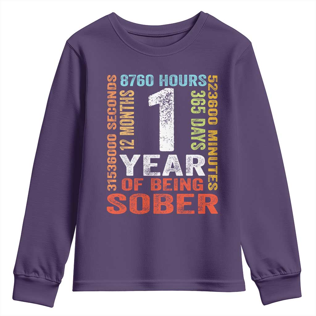 1 Year Of Being Sober Youth Sweatshirt 1 Year Sobriety Anniversary Addiction Recovery TS11 Purple Print Your Wear