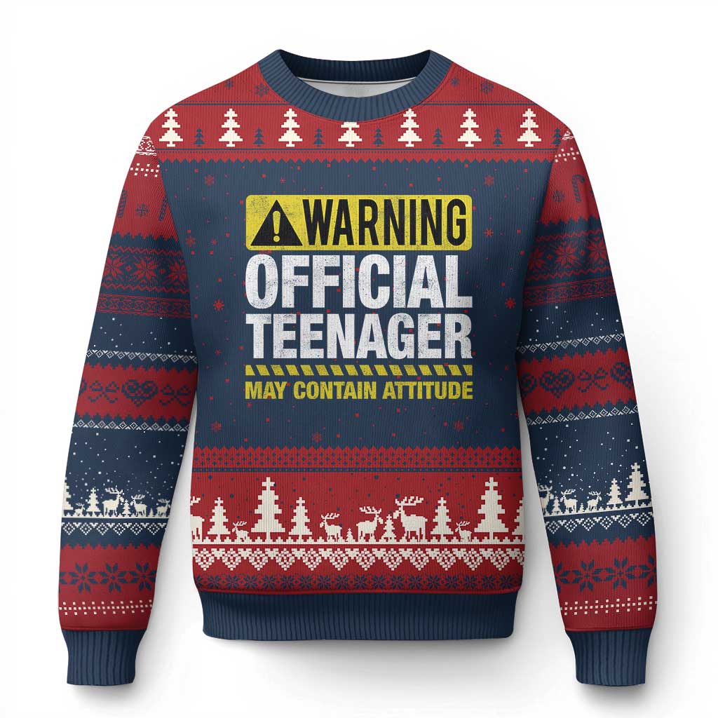 13th Birthday Ugly Christmas Sweater Warning Official Teenager May Contain Attitude Funny 13 Years Old TS11 Navy Red Print Your Wear