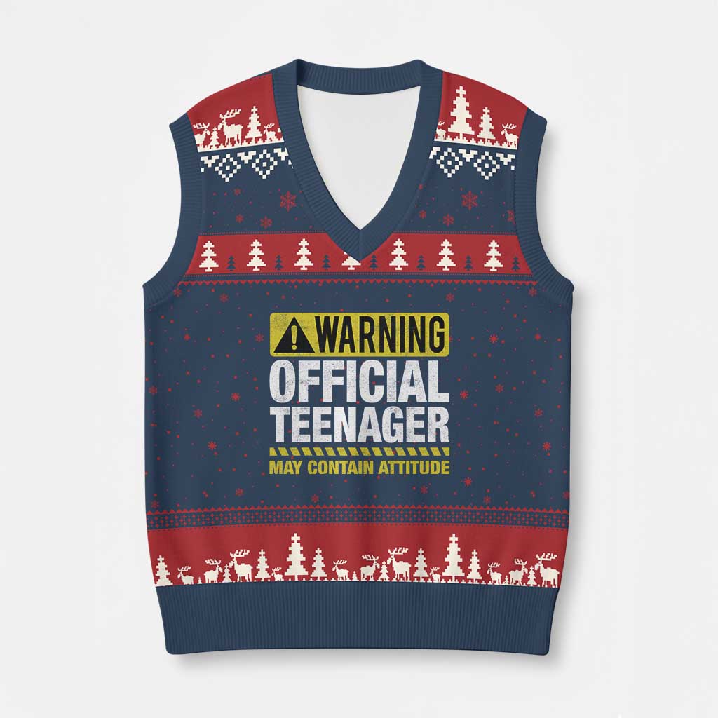 13th Birthday V-Neck Knit Sweater Vest Warning Official Teenager May Contain Attitude Funny 13 Years Old TS11 Navy Red Print Your Wear