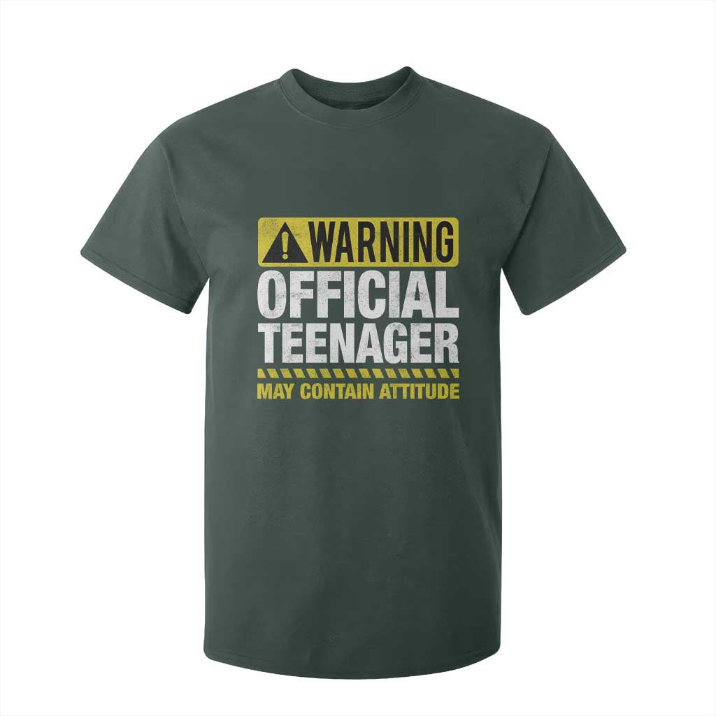 13th Birthday T Shirt For Kid Warning Official Teenager May Contain Attitude Funny 13 Years Old TS11 Dark Forest Green Print Your Wear
