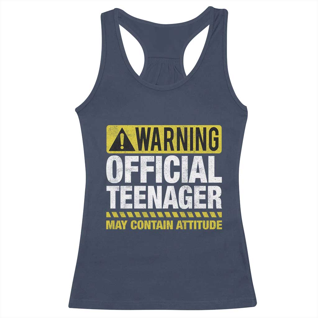 13th Birthday Racerback Tank Top Warning Official Teenager May Contain Attitude Funny 13 Years Old TS11 Navy Print Your Wear