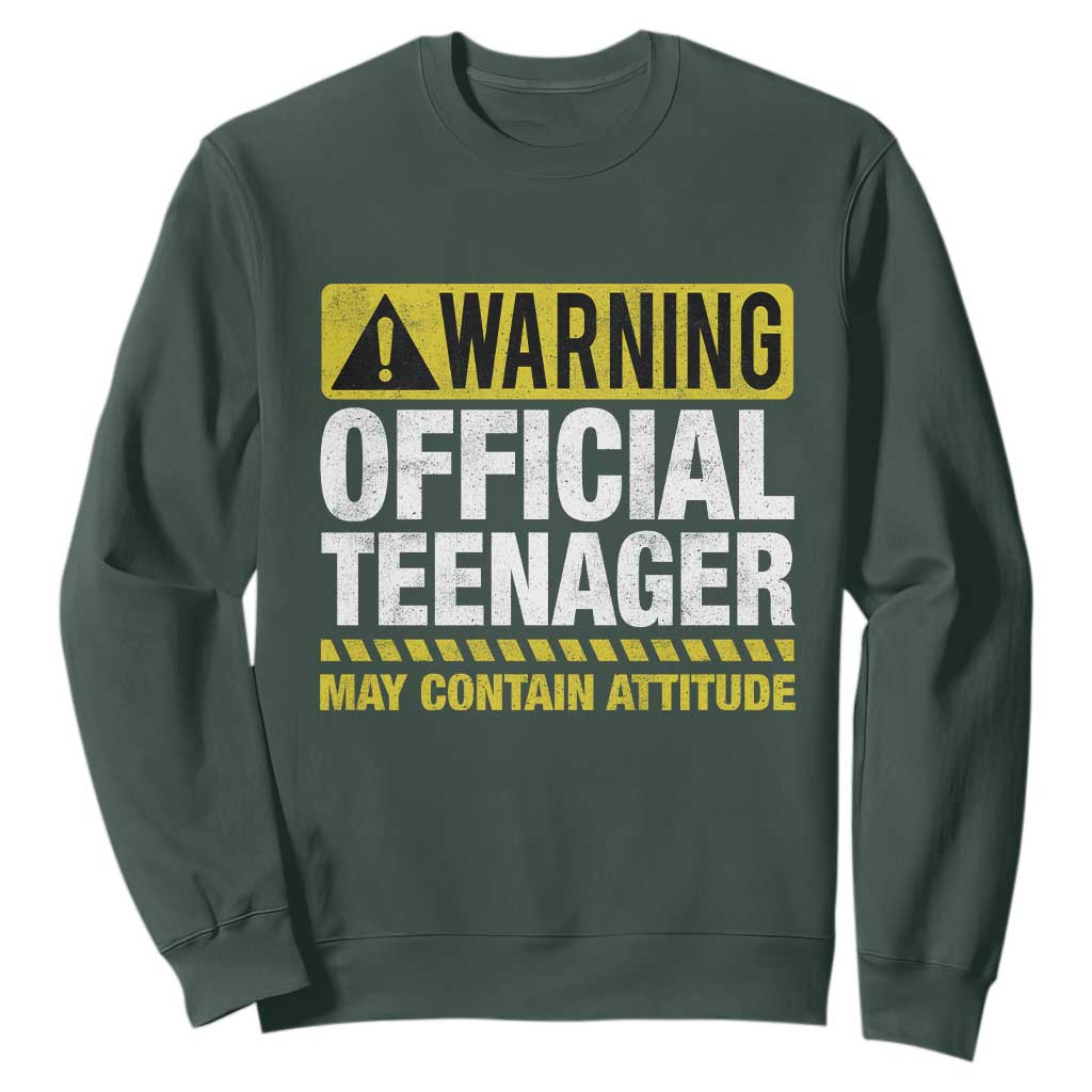 13th Birthday Sweatshirt Warning Official Teenager May Contain Attitude Funny 13 Years Old TS11 Dark Forest Green Print Your Wear