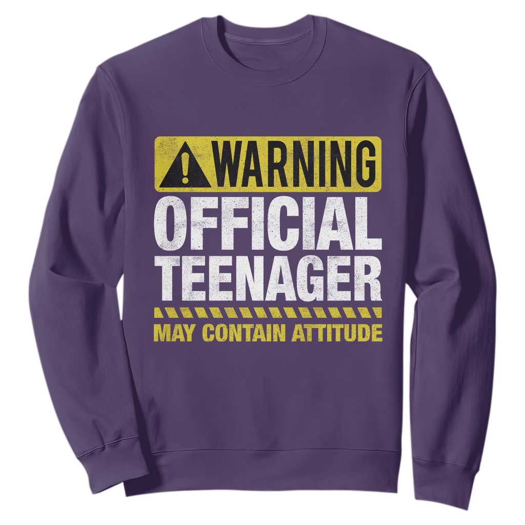 13th Birthday Sweatshirt Warning Official Teenager May Contain Attitude Funny 13 Years Old TS11 Purple Print Your Wear