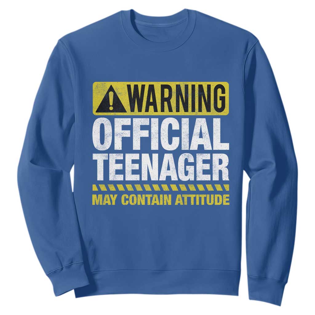 13th Birthday Sweatshirt Warning Official Teenager May Contain Attitude Funny 13 Years Old TS11 Royal Blue Print Your Wear