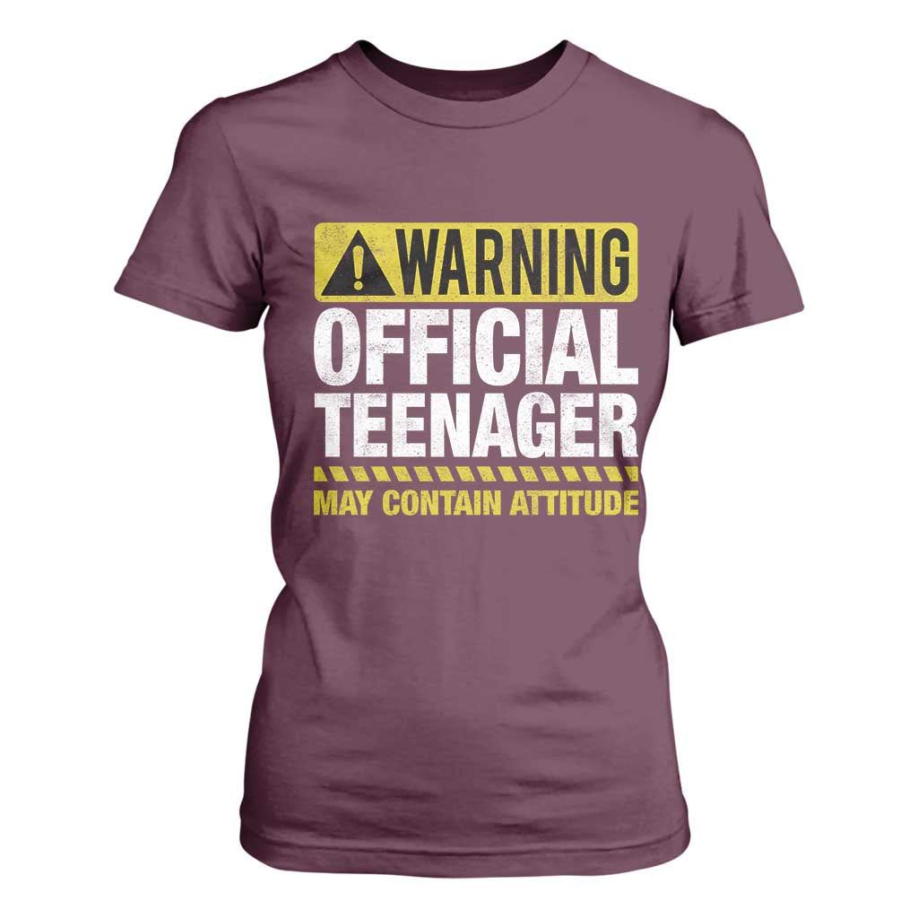 13th Birthday T Shirt For Women Warning Official Teenager May Contain Attitude Funny 13 Years Old TS11 Maroon Print Your Wear