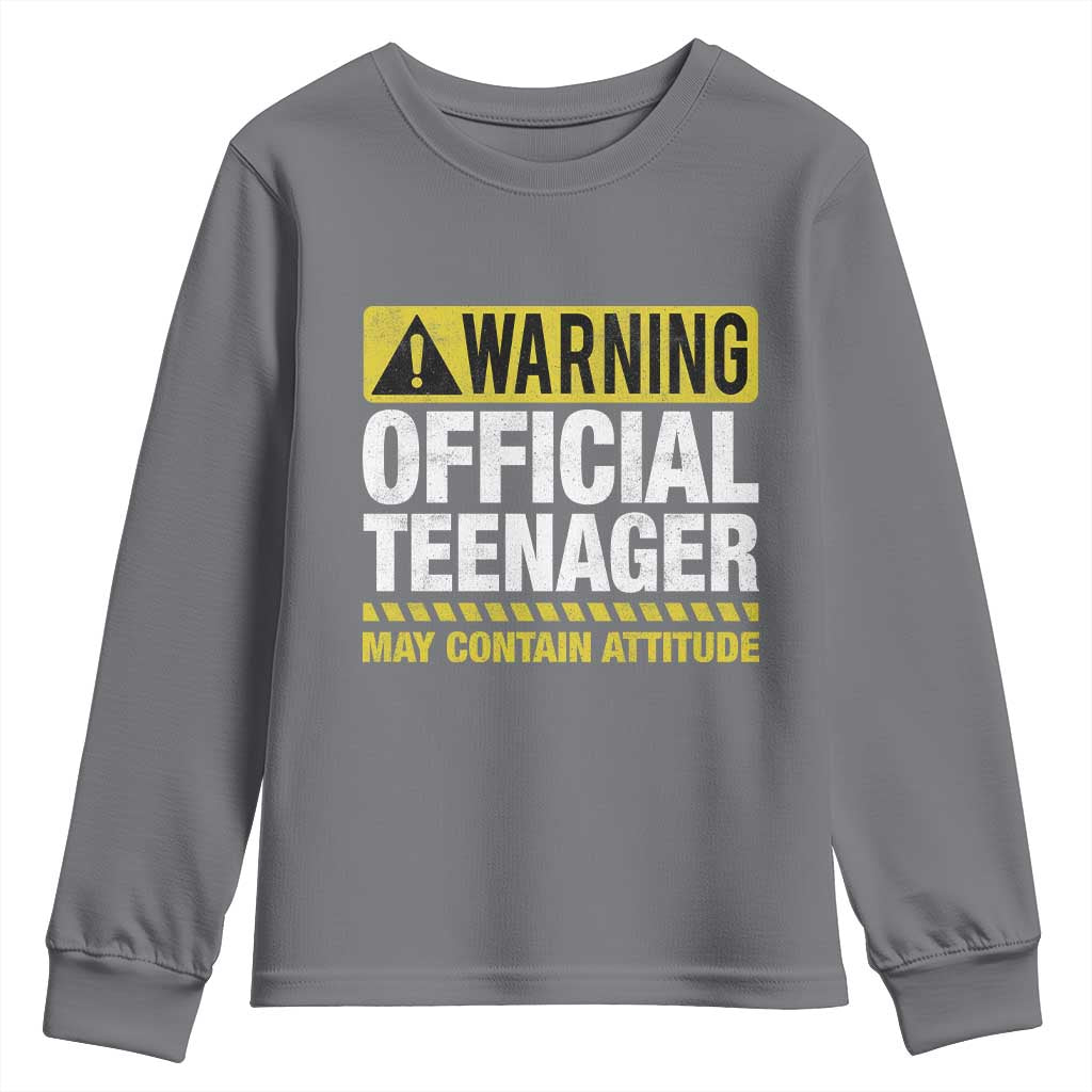 13th Birthday Youth Sweatshirt Warning Official Teenager May Contain Attitude Funny 13 Years Old TS11 Charcoal Print Your Wear