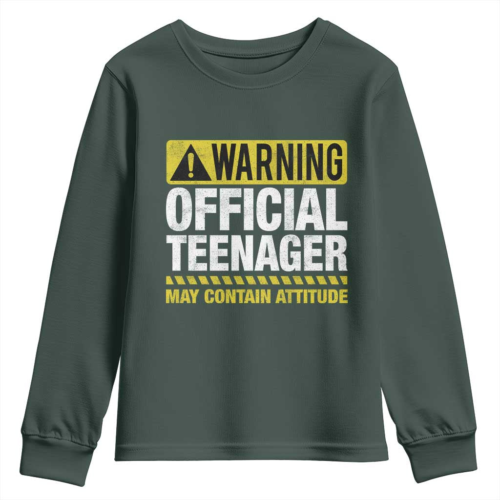 13th Birthday Youth Sweatshirt Warning Official Teenager May Contain Attitude Funny 13 Years Old TS11 Dark Forest Green Print Your Wear