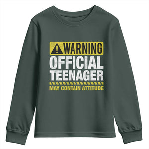 13th Birthday Youth Sweatshirt Warning Official Teenager May Contain Attitude Funny 13 Years Old TS11 Dark Forest Green Print Your Wear