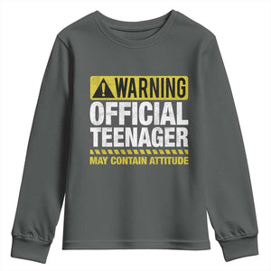 13th Birthday Youth Sweatshirt Warning Official Teenager May Contain Attitude Funny 13 Years Old TS11 Dark Heather Print Your Wear
