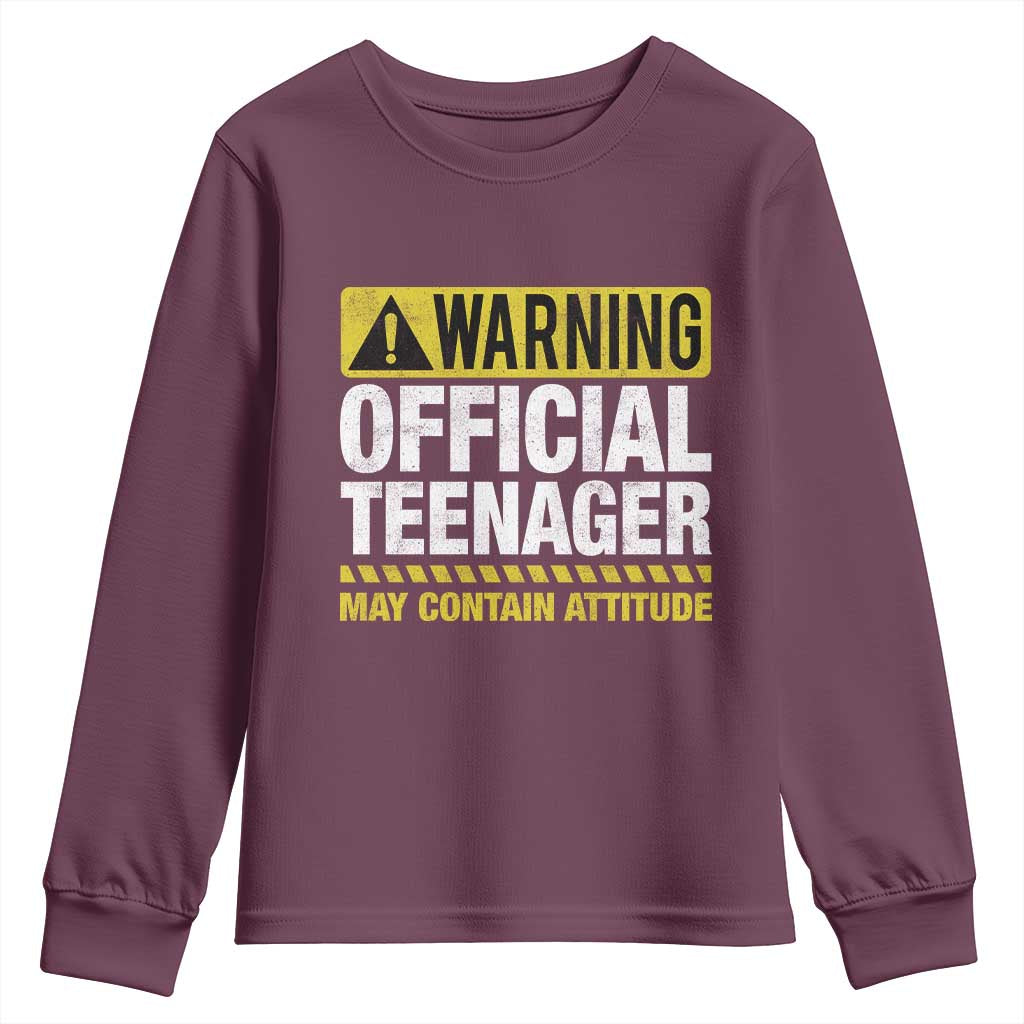 13th Birthday Youth Sweatshirt Warning Official Teenager May Contain Attitude Funny 13 Years Old TS11 Maroon Print Your Wear