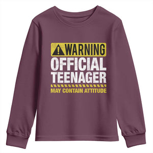 13th Birthday Youth Sweatshirt Warning Official Teenager May Contain Attitude Funny 13 Years Old TS11 Maroon Print Your Wear