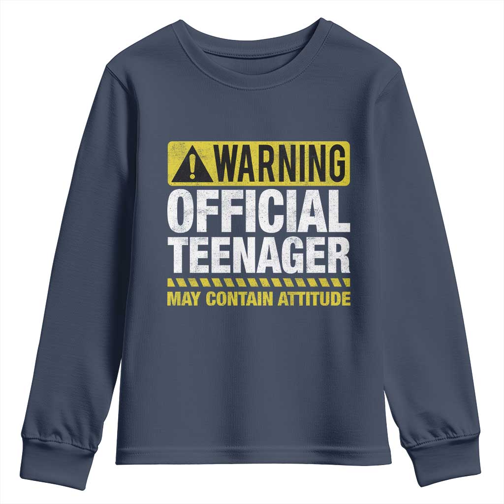 13th Birthday Youth Sweatshirt Warning Official Teenager May Contain Attitude Funny 13 Years Old TS11 Navy Print Your Wear