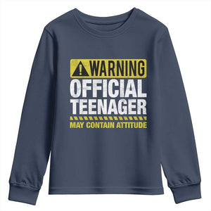 13th Birthday Youth Sweatshirt Warning Official Teenager May Contain Attitude Funny 13 Years Old TS11 Navy Print Your Wear
