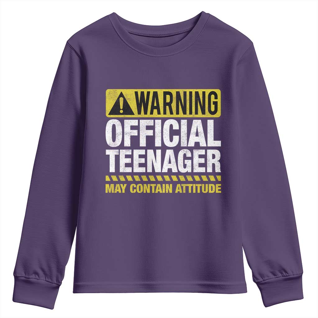 13th Birthday Youth Sweatshirt Warning Official Teenager May Contain Attitude Funny 13 Years Old TS11 Purple Print Your Wear