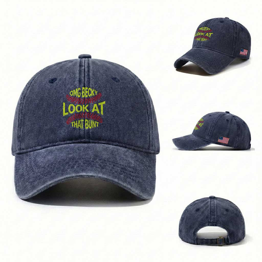 OMG Becky Look At That Bunt Funny Softball Washed Cotton Baseball Cap TS11 Washed Cap Universal Fit Navy Print Your Wear