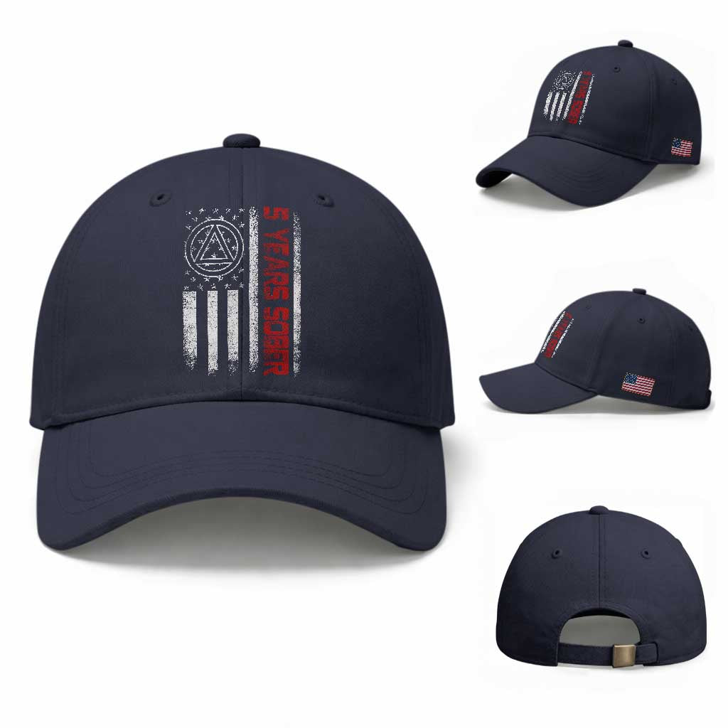 5 Years Sober Baseball Cap 5 Years Sobriety Anniversary Vintage American Flag TS11 Baseball Cap Universal Fit Navy Print Your Wear