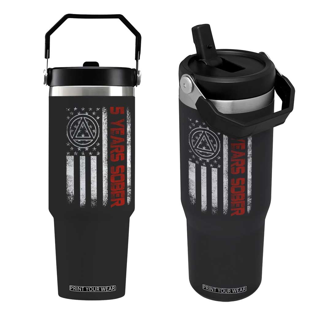 5 Years Sober Flip Straw Tumbler 5 Years Sobriety Anniversary Vintage American Flag TS11 One Size: 30 oz Black Print Your Wear