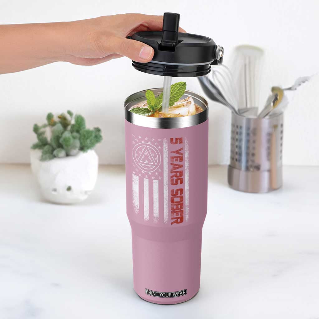 5 Years Sober Flip Straw Tumbler 5 Years Sobriety Anniversary Vintage American Flag TS11 One Size: 30 oz Light Pink Print Your Wear