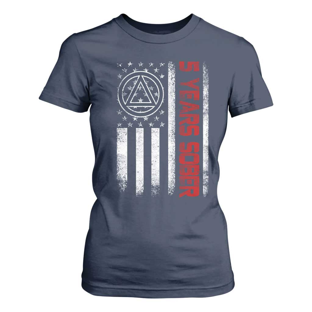 5 Years Sober T Shirt For Women 5 Years Sobriety Anniversary Vintage American Flag TS11 Navy Print Your Wear