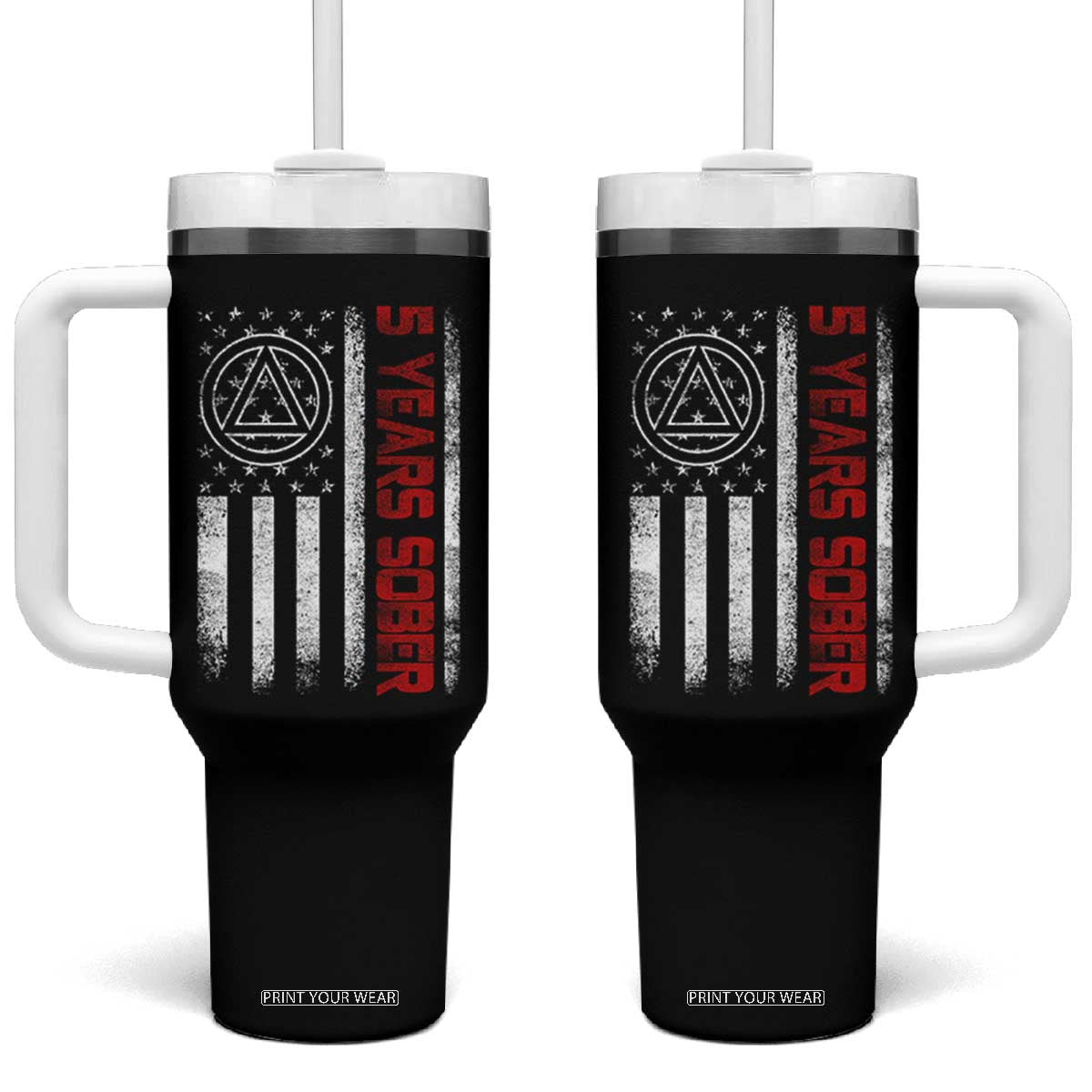 5 Years Sober Tumbler With Handle 5 Years Sobriety Anniversary Vintage American Flag TS11 One Size: 40 oz Black Print Your Wear