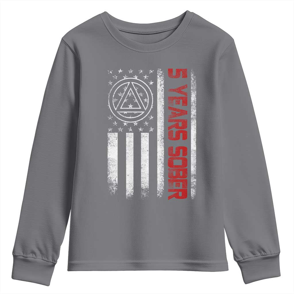 5 Years Sober Youth Sweatshirt 5 Years Sobriety Anniversary Vintage American Flag TS11 Charcoal Print Your Wear