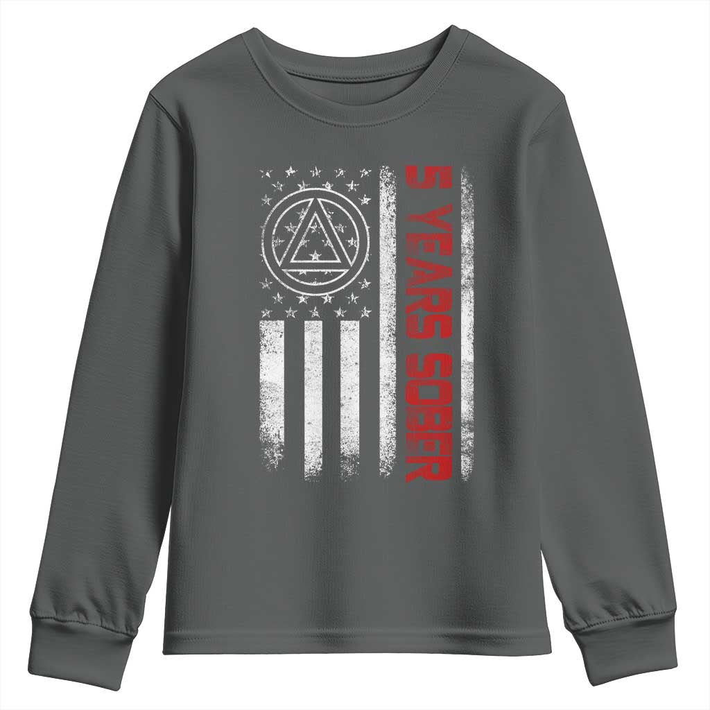 5 Years Sober Youth Sweatshirt 5 Years Sobriety Anniversary Vintage American Flag TS11 Dark Heather Print Your Wear