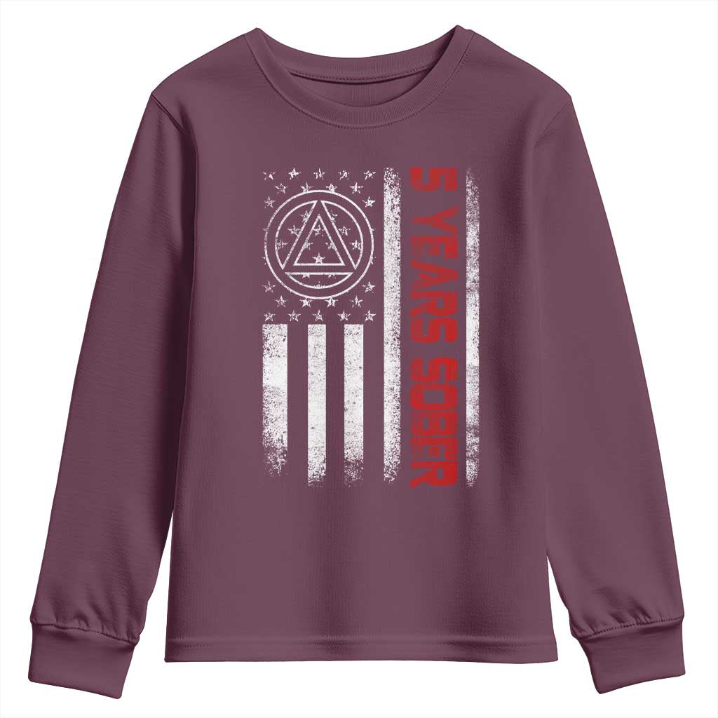 5 Years Sober Youth Sweatshirt 5 Years Sobriety Anniversary Vintage American Flag TS11 Maroon Print Your Wear