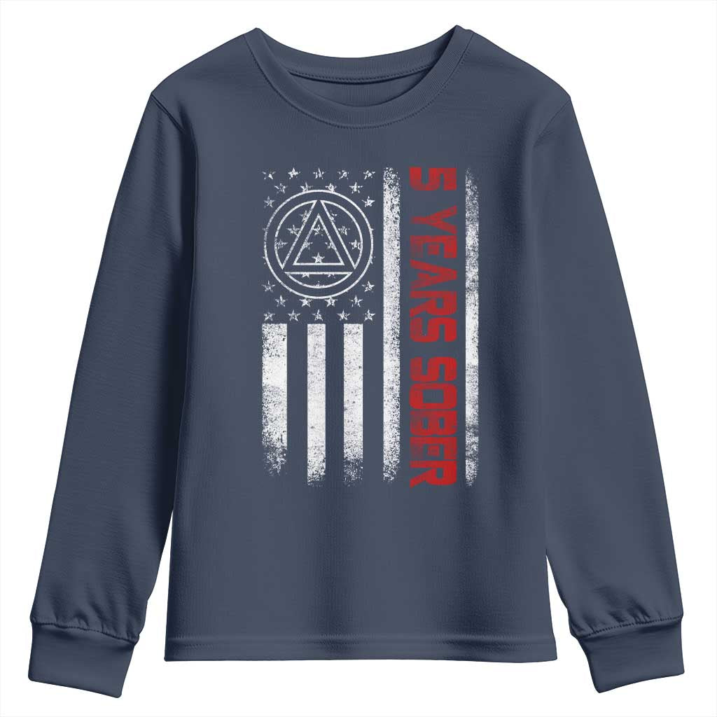 5 Years Sober Youth Sweatshirt 5 Years Sobriety Anniversary Vintage American Flag TS11 Navy Print Your Wear
