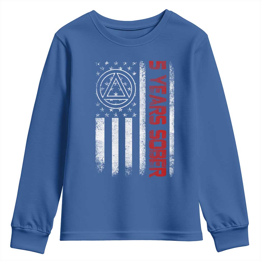 5 Years Sober Youth Sweatshirt 5 Years Sobriety Anniversary Vintage American Flag TS11 Royal Blue Print Your Wear