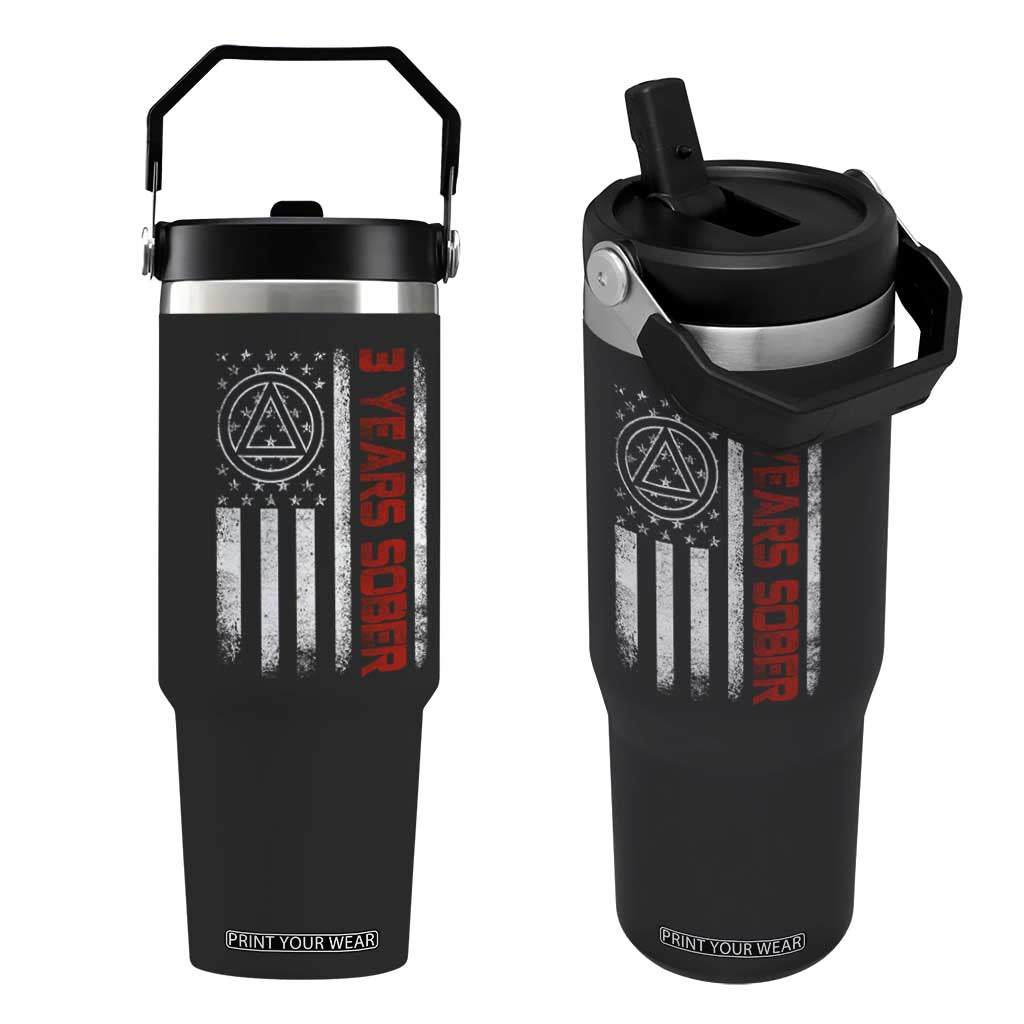 3 Years Sober Flip Straw Tumbler 3 Years Sobriety Anniversary Vintage American Flag TS11 One Size: 30 oz Black Print Your Wear