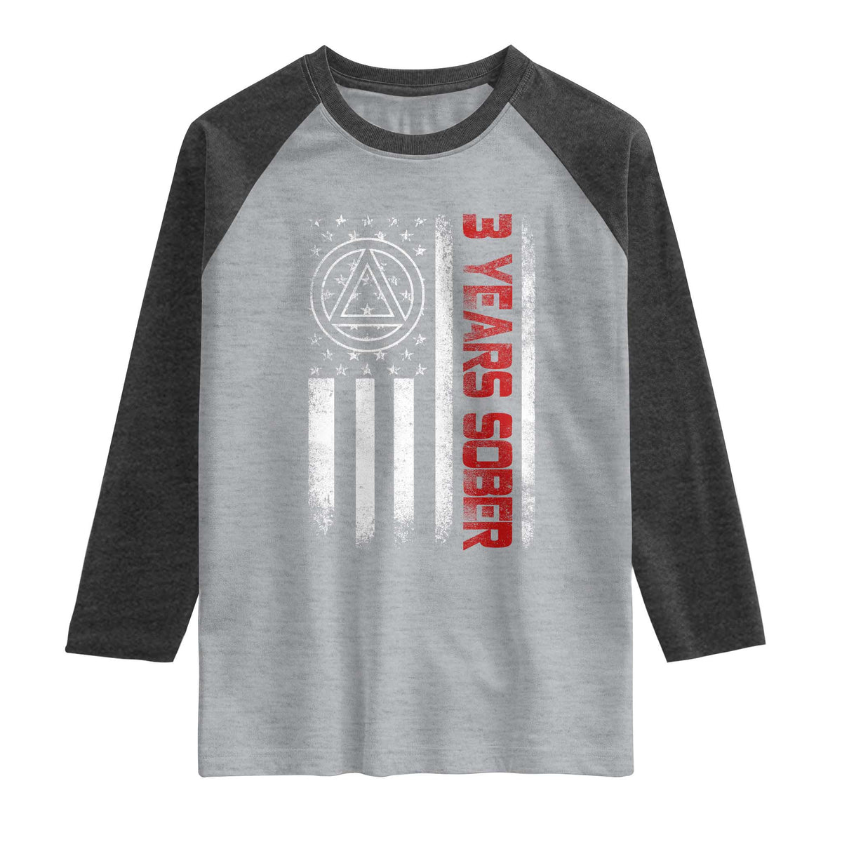 3 Years Sober Raglan Shirt 3 Years Sobriety Anniversary Vintage American Flag TS11 Heather Gray Heather Charcoal Print Your Wear