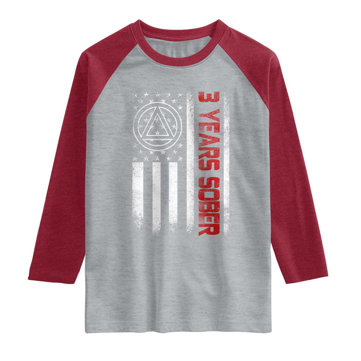 3 Years Sober Raglan Shirt 3 Years Sobriety Anniversary Vintage American Flag TS11 Heather Gray Heather Red Print Your Wear