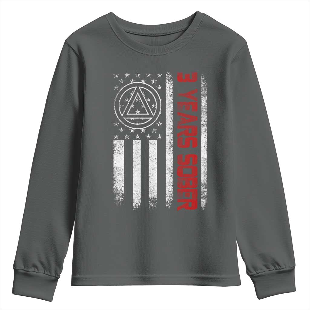 3 Years Sober Youth Sweatshirt 3 Years Sobriety Anniversary Vintage American Flag TS11 Dark Heather Print Your Wear