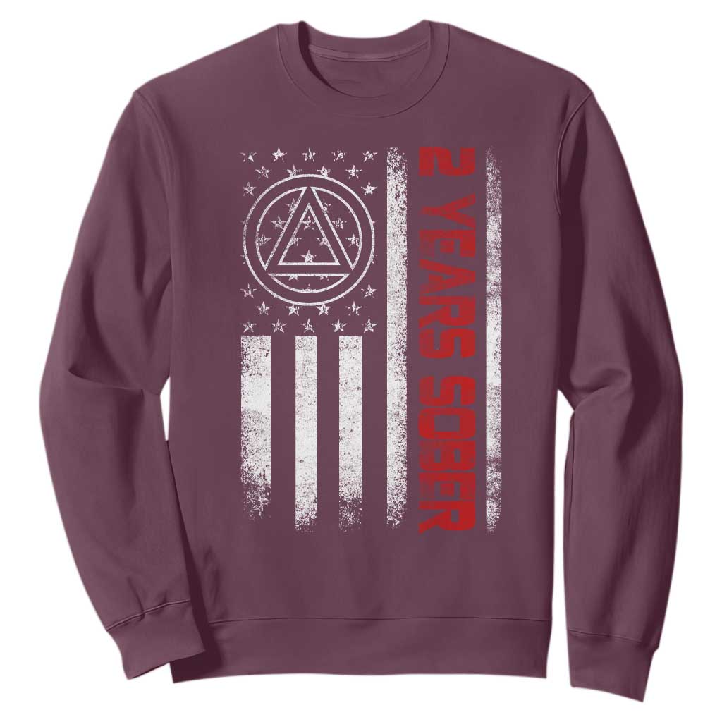 2 Years Sober Sweatshirt 2 Years Sobriety Anniversary Vintage American Flag TS11 Maroon Print Your Wear