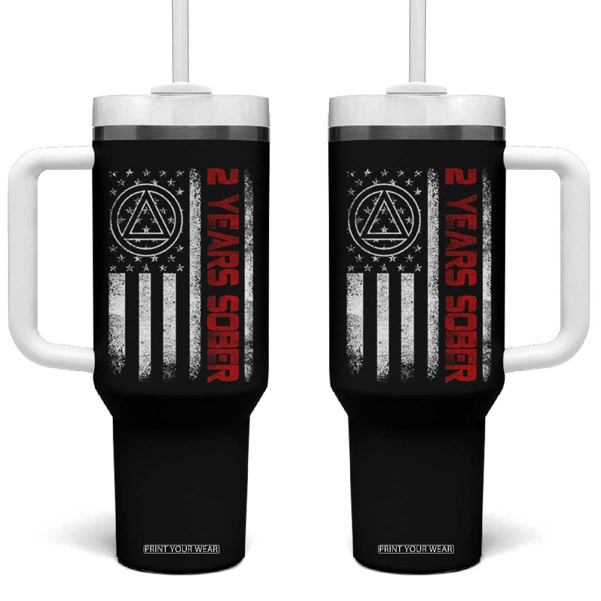 2 Years Sober Tumbler With Handle 2 Years Sobriety Anniversary Vintage American Flag TS11 One Size: 40 oz Black Print Your Wear