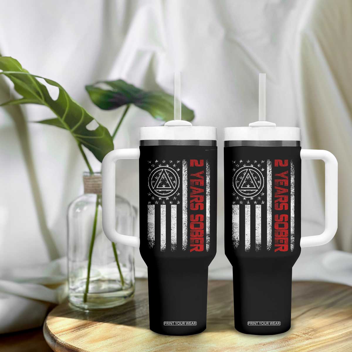 2 Years Sober Tumbler With Handle 2 Years Sobriety Anniversary Vintage American Flag TS11 Print Your Wear