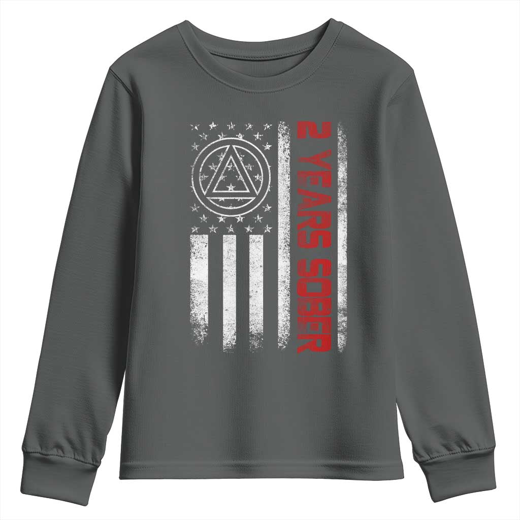 2 Years Sober Youth Sweatshirt 2 Years Sobriety Anniversary Vintage American Flag TS11 Dark Heather Print Your Wear