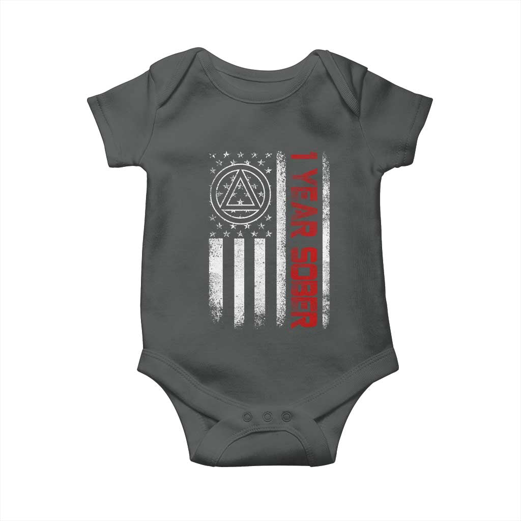 1 Year Sober Baby Onesie 1 Year Sobriety Anniversary Vintage American Flag TS11 Dark Heather Print Your Wear