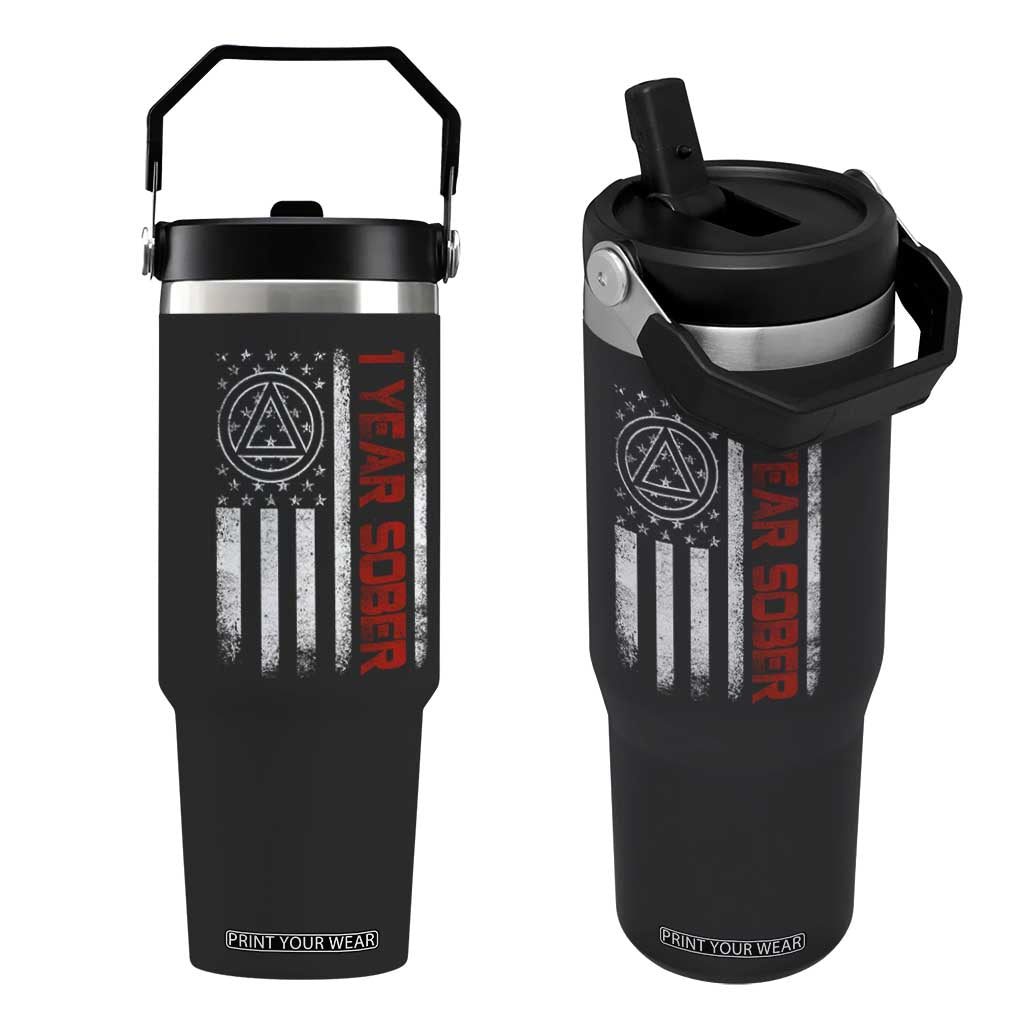 1 Year Sober Flip Straw Tumbler 1 Year Sobriety Anniversary Vintage American Flag TS11 One Size: 30 oz Black Print Your Wear