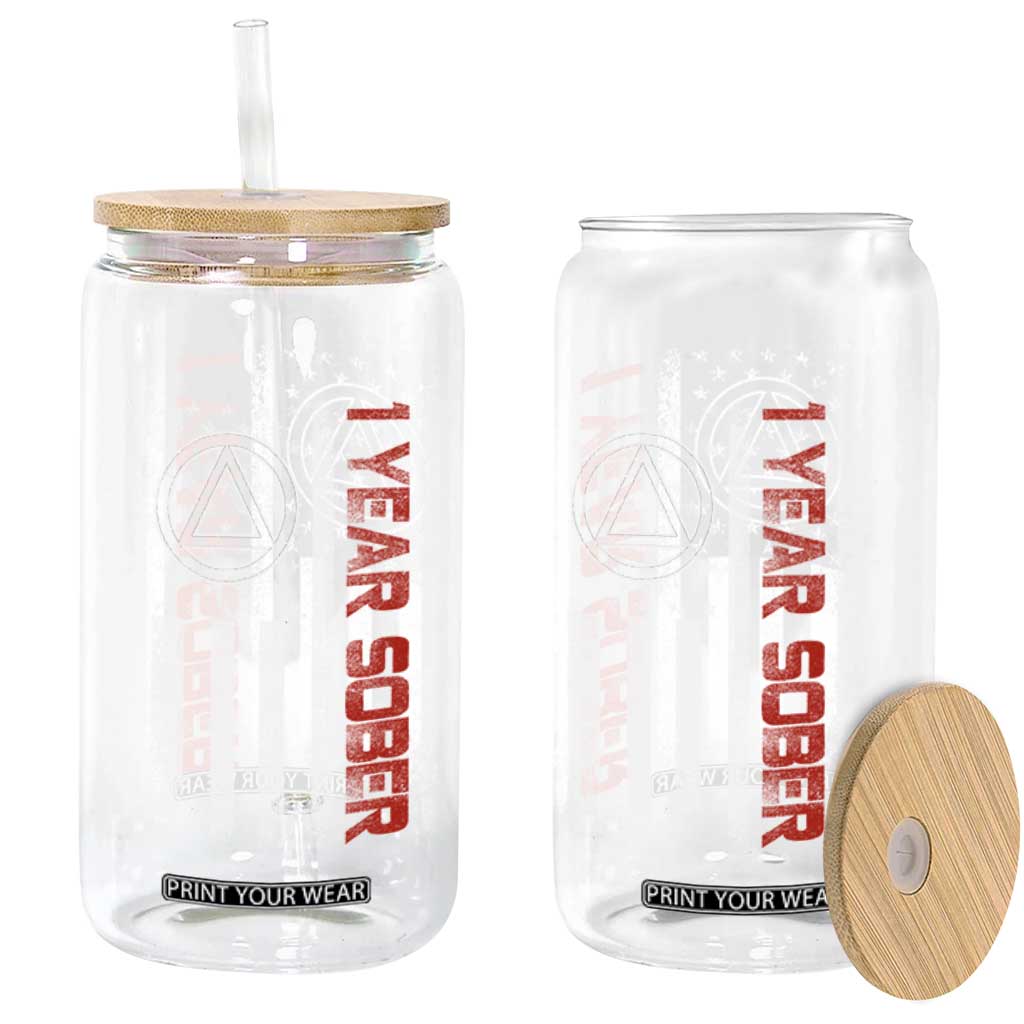 1 Year Sober Glass Can 1 Year Sobriety Anniversary Vintage American Flag TS11 Print Your Wear
