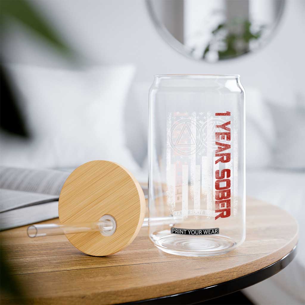 1 Year Sober Glass Can 1 Year Sobriety Anniversary Vintage American Flag TS11 Print Your Wear