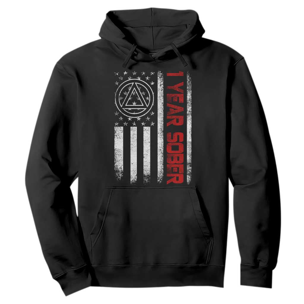 1 Year Sober Hoodie 1 Year Sobriety Anniversary Vintage American Flag TS11 Black Print Your Wear