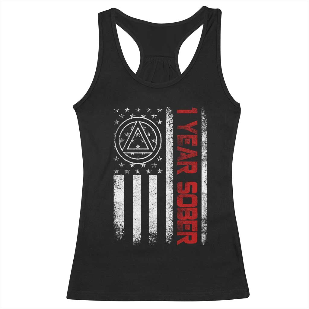 1 Year Sober Racerback Tank Top 1 Year Sobriety Anniversary Vintage American Flag TS11 Black Print Your Wear