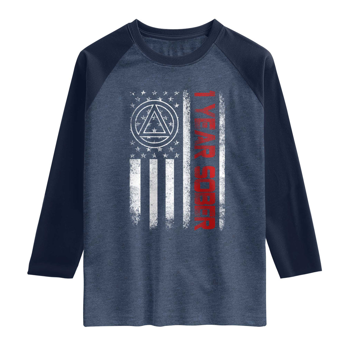 1 Year Sober Raglan Shirt 1 Year Sobriety Anniversary Vintage American Flag TS11 Heather Denim Navy Print Your Wear