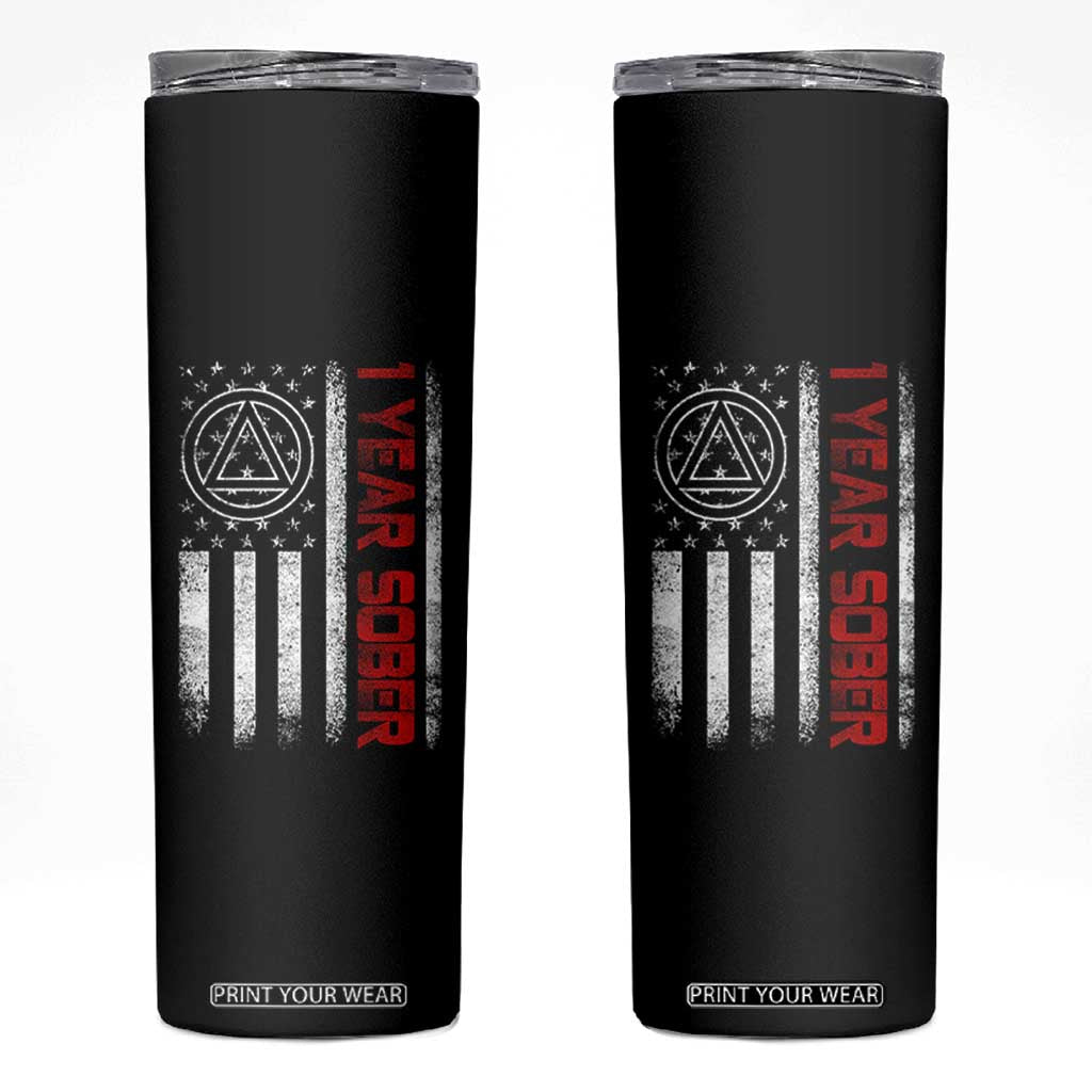 1 Year Sober Skinny Tumbler 1 Year Sobriety Anniversary Vintage American Flag TS11 Black Print Your Wear