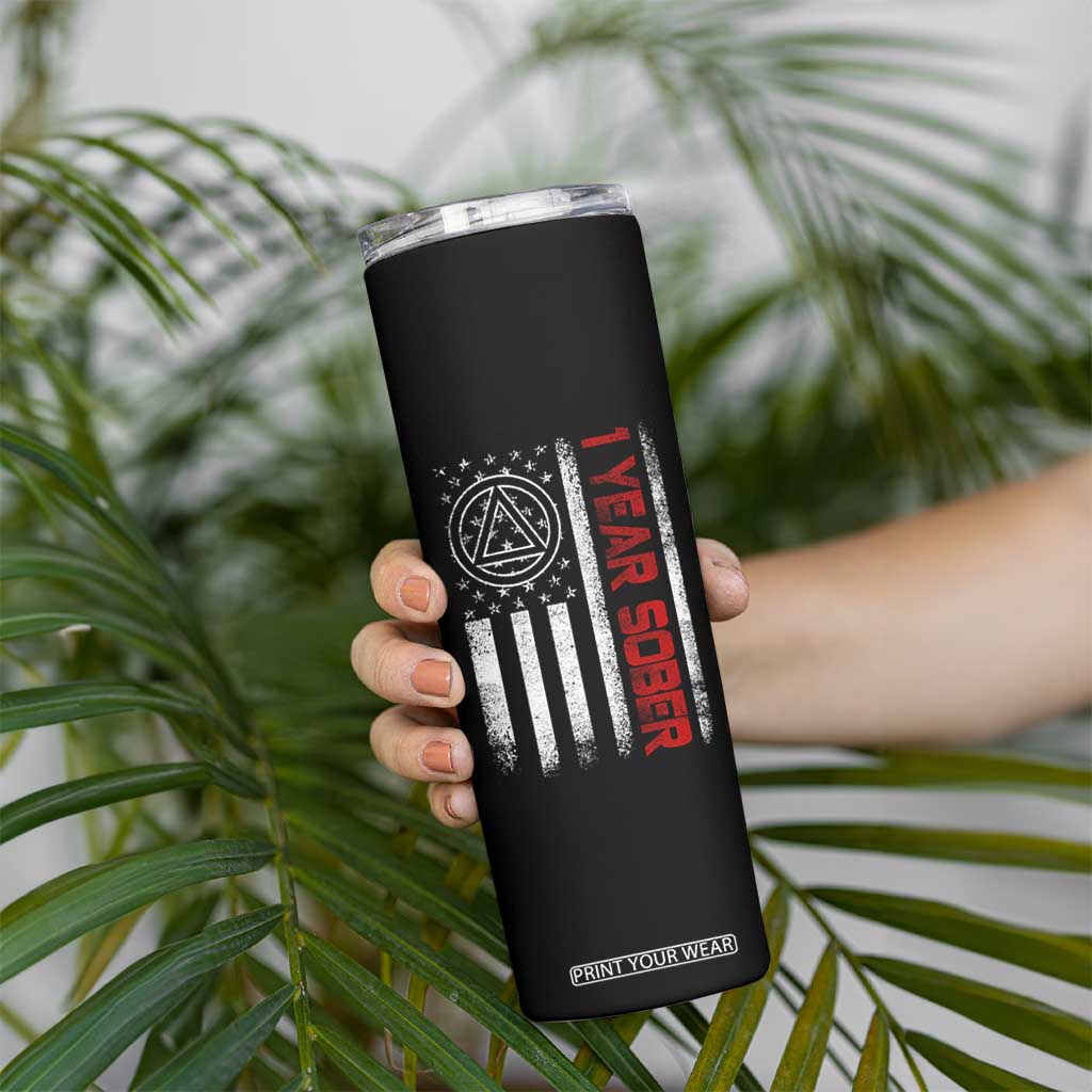1 Year Sober Skinny Tumbler 1 Year Sobriety Anniversary Vintage American Flag TS11 Print Your Wear