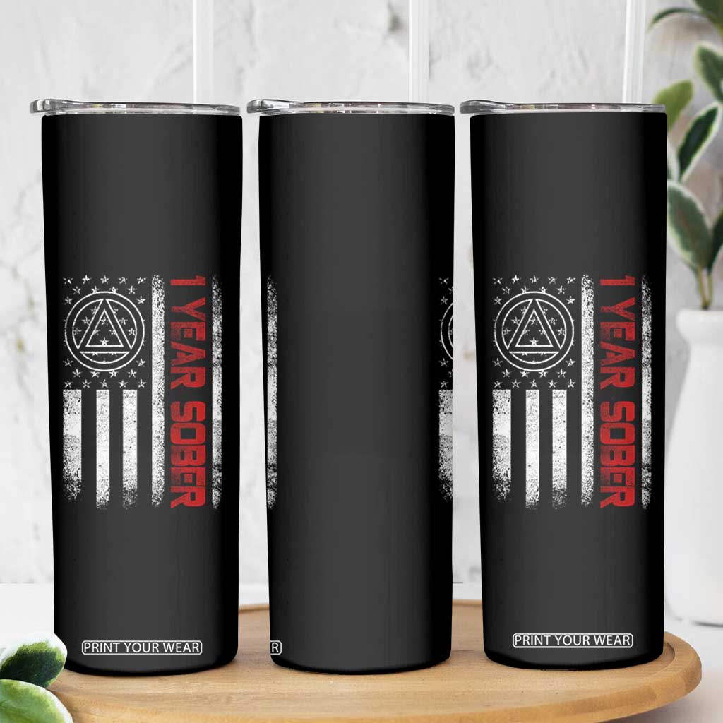 1 Year Sober Skinny Tumbler 1 Year Sobriety Anniversary Vintage American Flag TS11 Print Your Wear