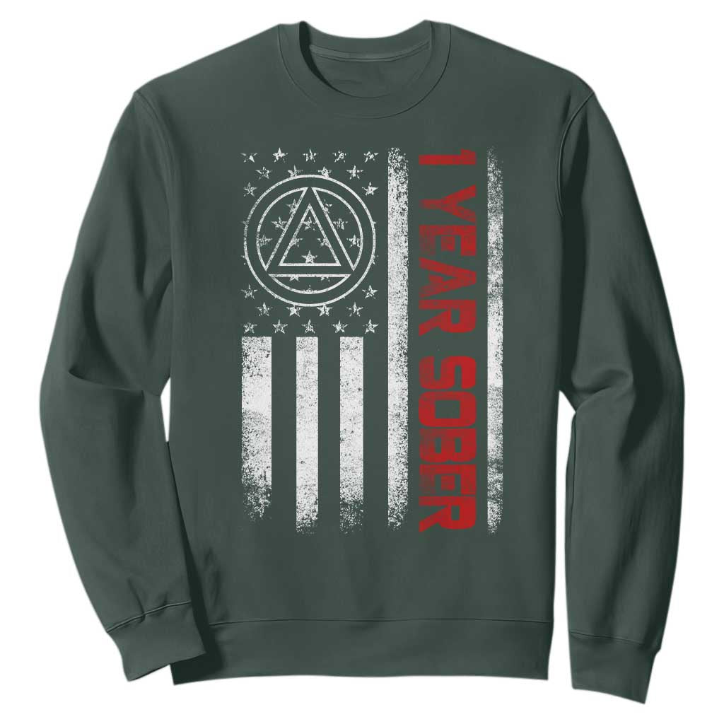 1 Year Sober Sweatshirt 1 Year Sobriety Anniversary Vintage American Flag TS11 Dark Forest Green Print Your Wear